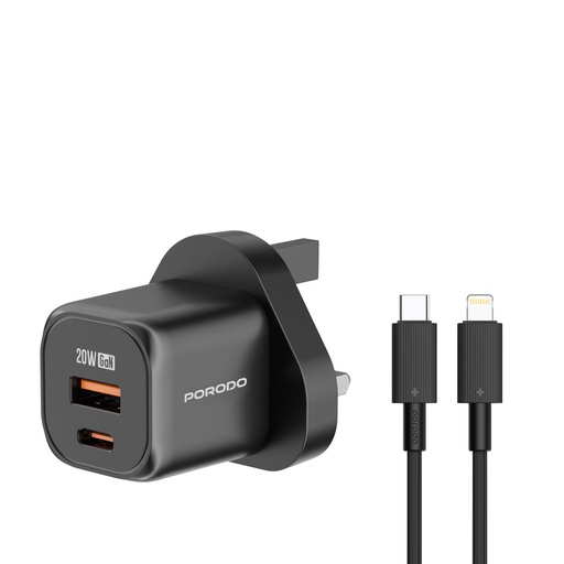 PORODO DUAL PORT WALL CHARGER PD 20W WITH USB C TO LIGHTNING 1.2M BLACK CABLE PD-FWCH028-BK-L