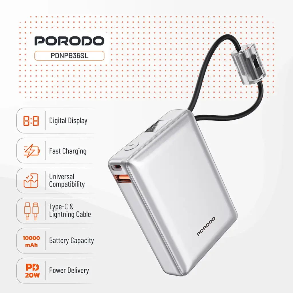 PORODO PETITE 10000MAH POWER BANK PD20W SILVER PDNPB36SL thumbnail 3