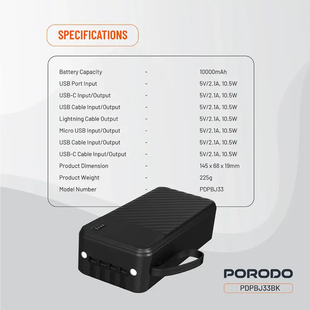 PORODO PIANO 10000MAH POWER BANK WITH INTEGRATED CABLES BLACK PDPBJ33BK thumbnail 2