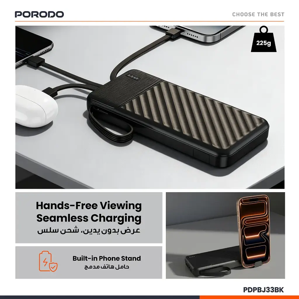 PORODO PIANO 10000MAH POWER BANK WITH INTEGRATED CABLES BLACK PDPBJ33BK thumbnail 9