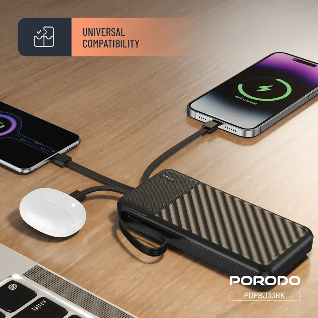 PORODO PIANO 10000MAH POWER BANK WITH INTEGRATED CABLES BLACK PDPBJ33BK thumbnail 4