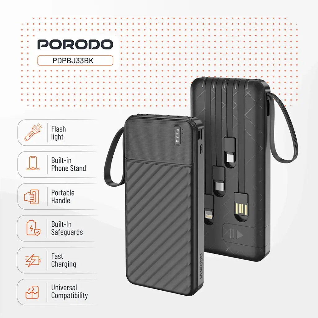 PORODO PIANO 10000MAH POWER BANK WITH INTEGRATED CABLES BLACK PDPBJ33BK thumbnail 3