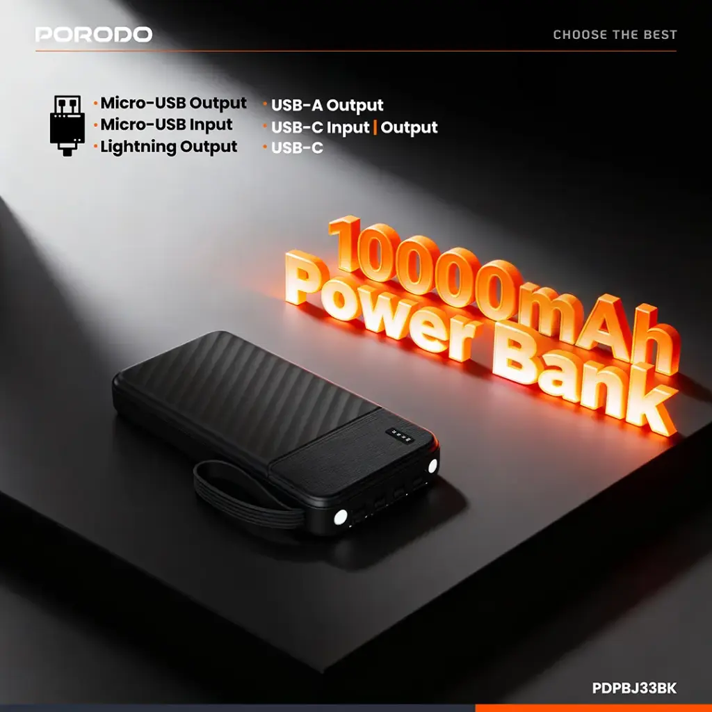 PORODO PIANO 10000MAH POWER BANK WITH INTEGRATED CABLES BLACK PDPBJ33BK thumbnail 11
