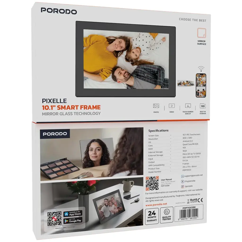 PORODO PIXELLE 10.1 INCH SMART FRAME MIRROR GLASS TECHNOLOGY BLACK PDPF1003BK thumbnail 2