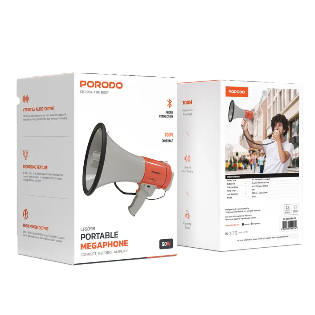 PORODO PORTABLE MEGAPHONE 50W ORANGE PD-LFST098-OG thumbnail 2