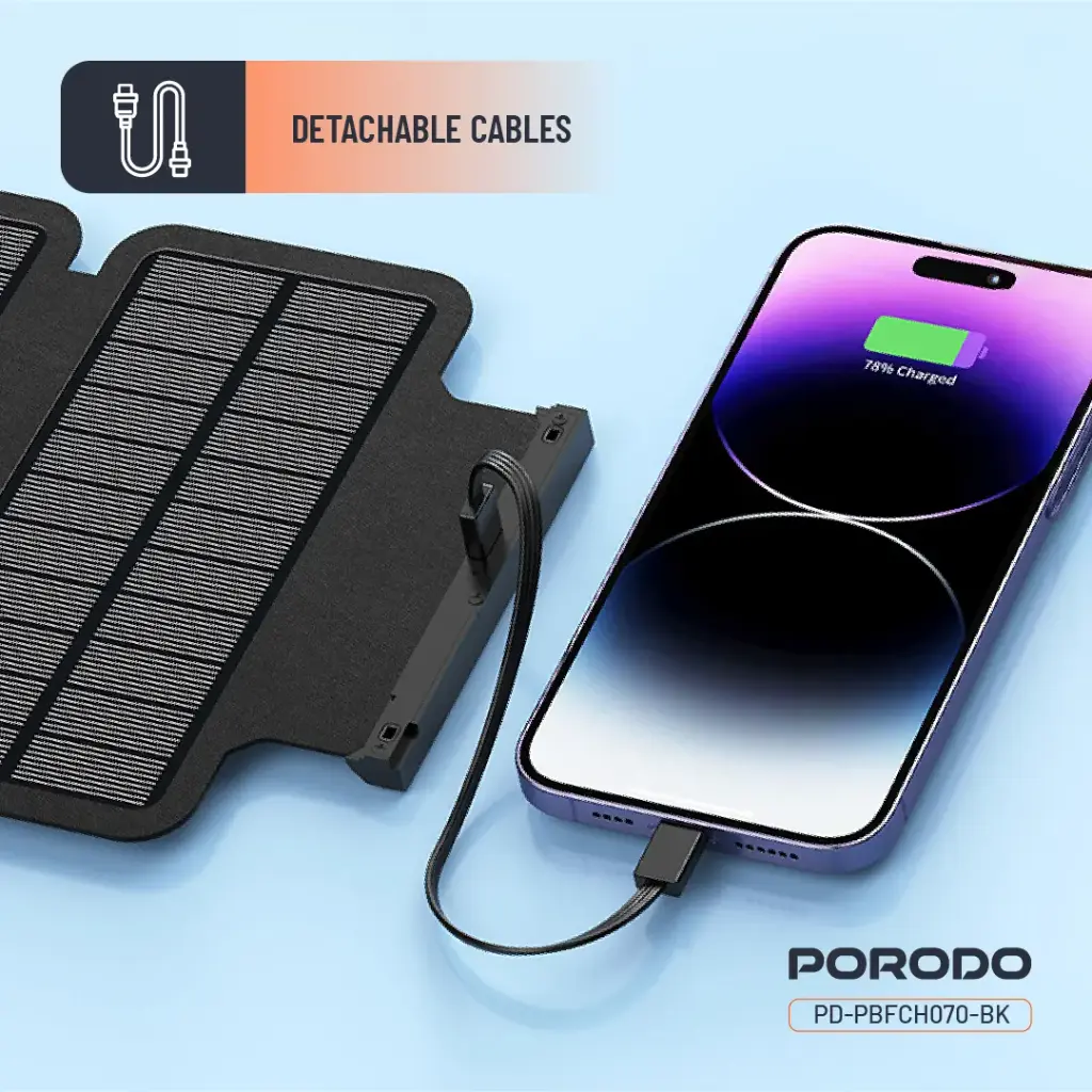 PORODO 20000MAH 4-PANEL SOLAR POWER BANK DETACHABLE PANELS BUILT IN CABLE BLACK PDPBFCH070BK thumbnail 5