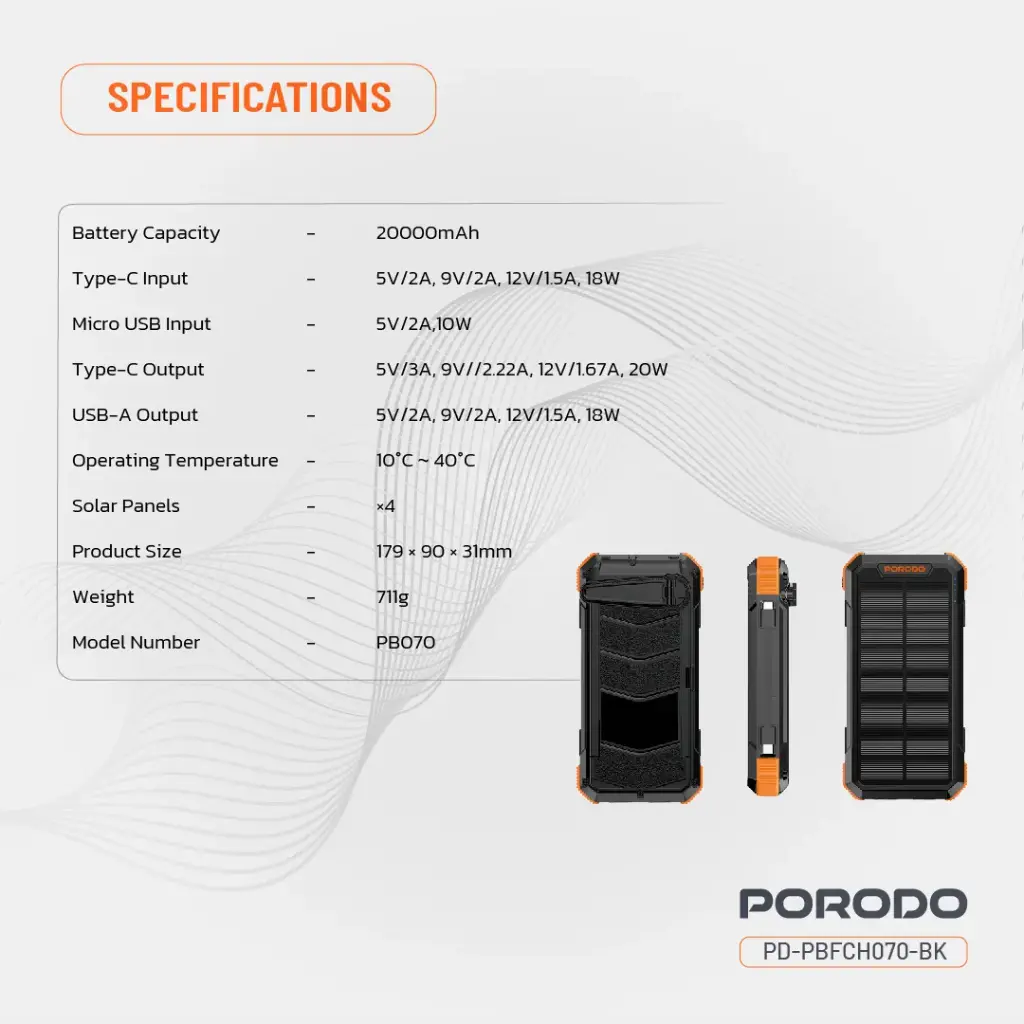 PORODO 20000MAH 4-PANEL SOLAR POWER BANK DETACHABLE PANELS BUILT IN CABLE BLACK PDPBFCH070BK thumbnail 3
