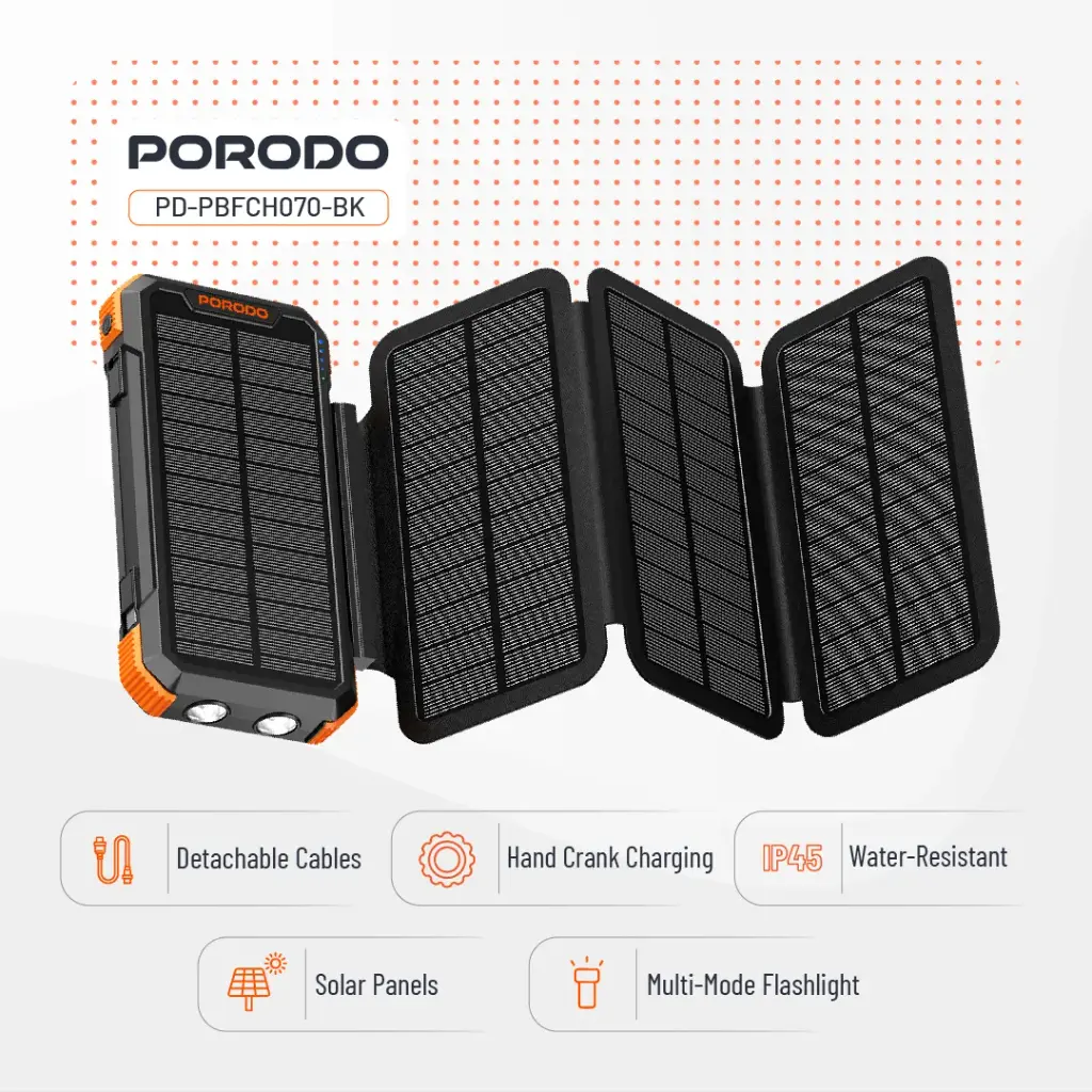 PORODO 20000MAH 4-PANEL SOLAR POWER BANK DETACHABLE PANELS BUILT IN CABLE BLACK PDPBFCH070BK thumbnail 8