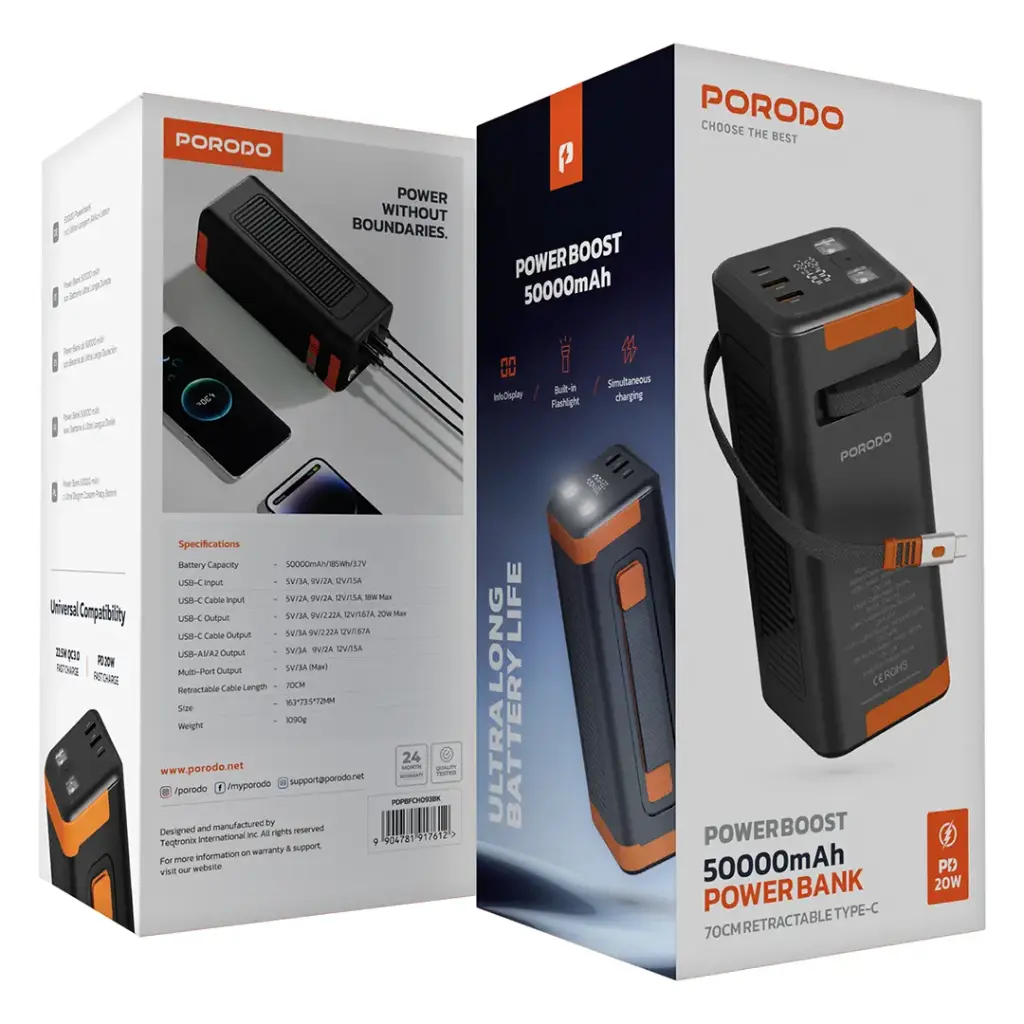 PORODO POWERBOOST 50000MAH POWERBANK WITH TYPE C CABLE PD20W PDPBFCH093BK thumbnail 3