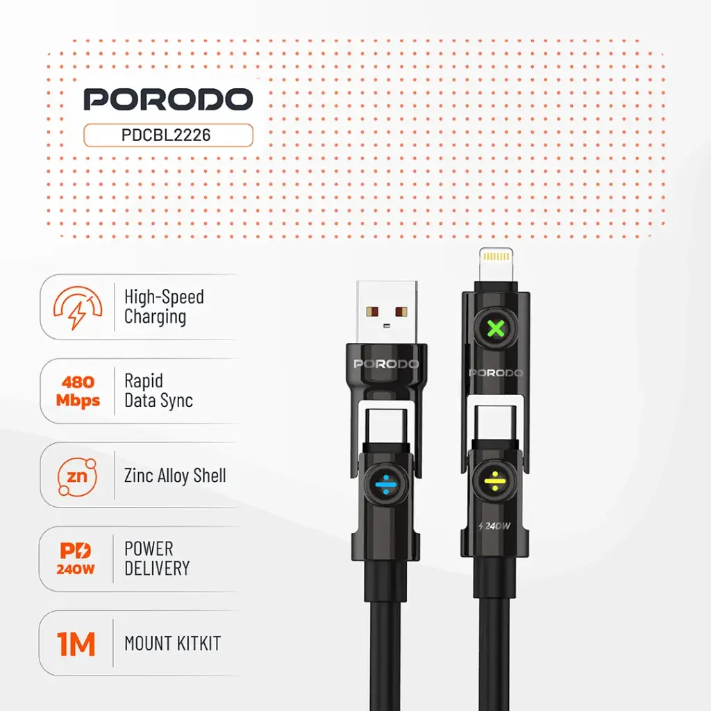 PORODO POWERGLOW 4 IN 1 HIGH SPEED CHARGING CABLE PD240W BLACK PDCBL2226 thumbnail 3