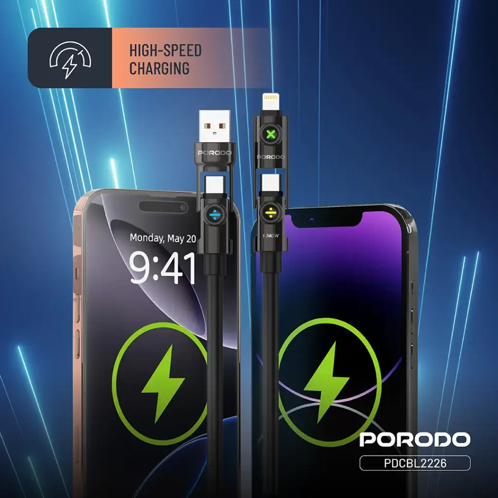 PORODO POWERGLOW 4 IN 1 HIGH SPEED CHARGING CABLE PD240W BLACK PDCBL2226 thumbnail 5