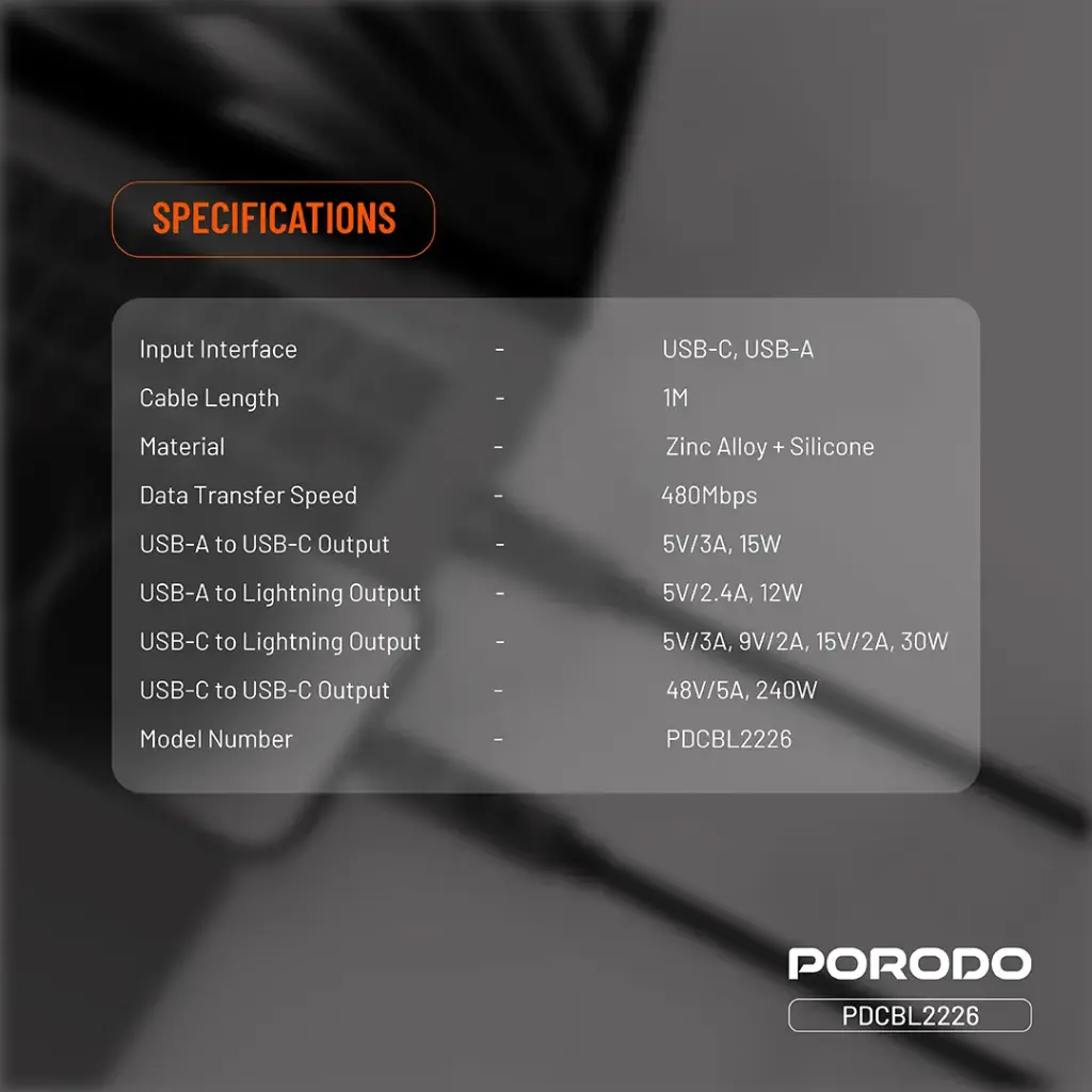 PORODO POWERGLOW 4 IN 1 HIGH SPEED CHARGING CABLE PD240W BLACK PDCBL2226 thumbnail 2