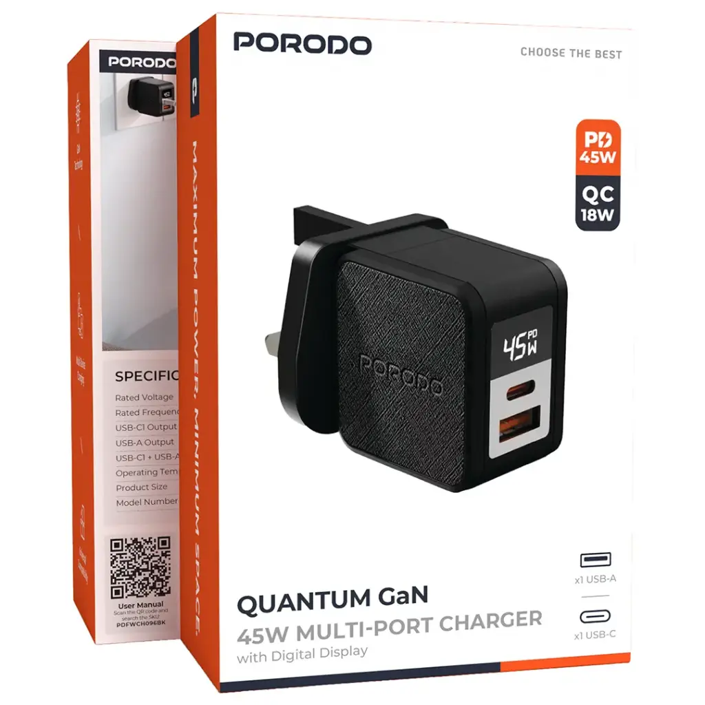 PORODO QUANTUM GAN 45W MULTI PORT CHARGER WITH DIGITAL DISPLAY BLACK PDFWCH096BK thumbnail 3