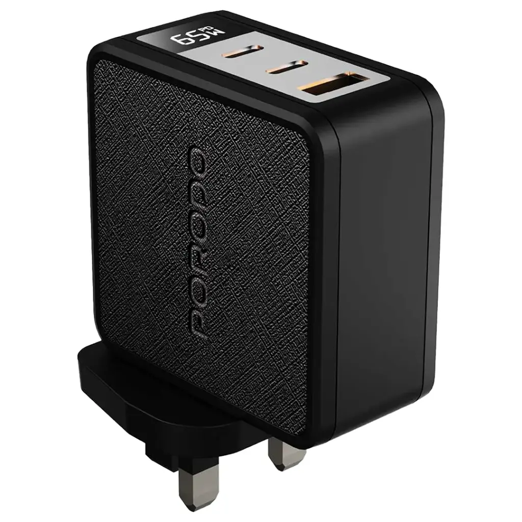 PORODO QUANTUM GAN 65W MULTI PORT CHARGER WITH DIGITAL DISPLAY BLACK PDFWCH094BK thumbnail 2