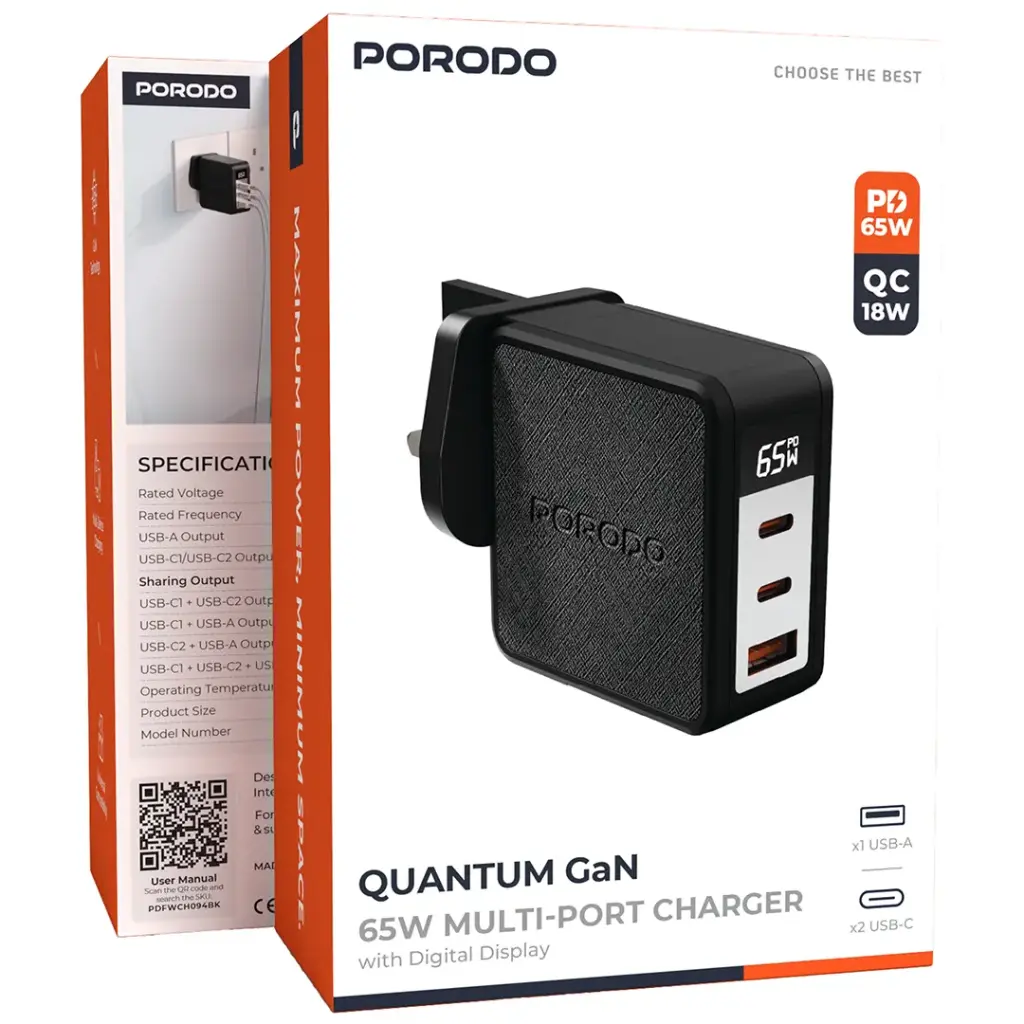 PORODO QUANTUM GAN 65W MULTI PORT CHARGER WITH DIGITAL DISPLAY BLACK PDFWCH094BK thumbnail 3