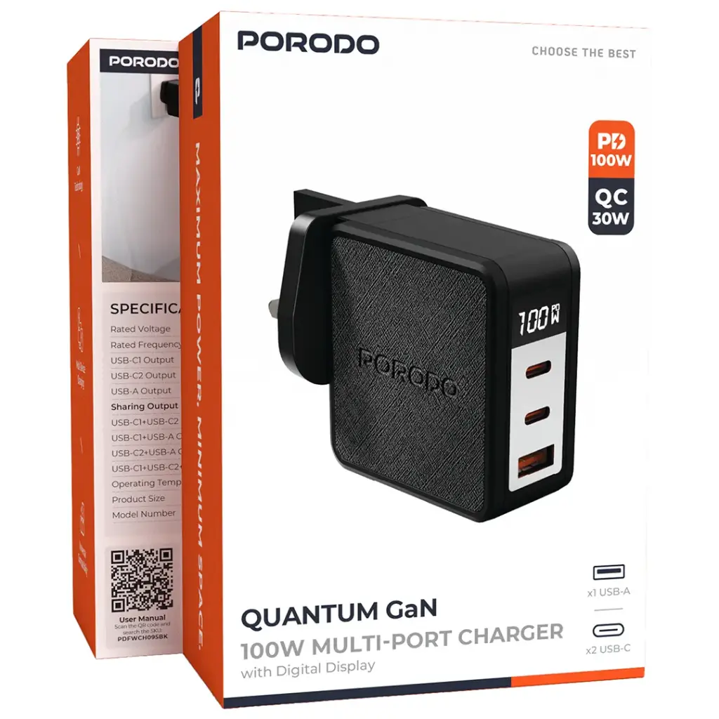 PORODO QUANTUM GAN 100W MULTI PORT CHARGER WITH DIGITAL DISPLAY BLACK PDFWCH095BK thumbnail 3