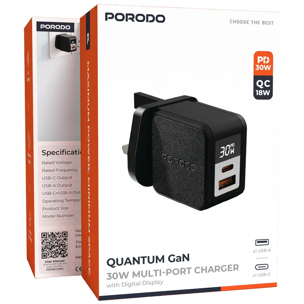 PORODO QUANTUM GAN 30W MULTI PORT CHARGER WITH DIGITAL DISPLAY BLACK PDFWCH092BK thumbnail 3