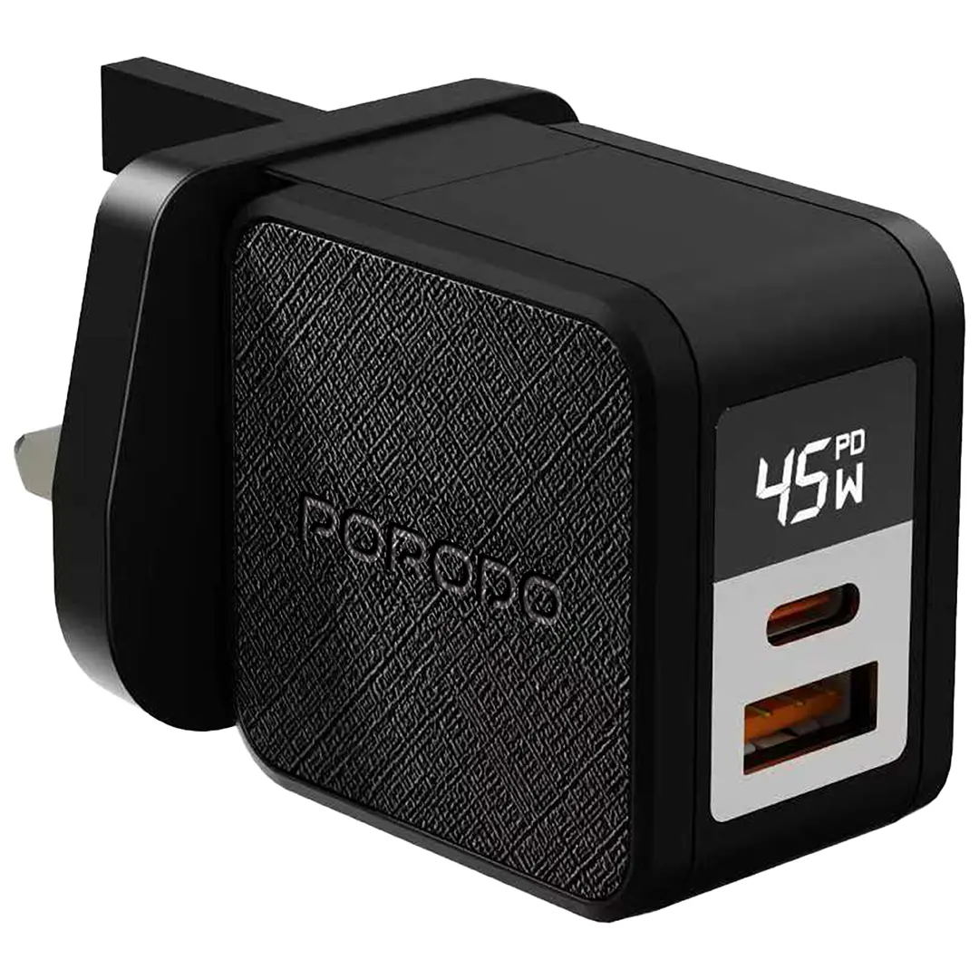 PORODO QUANTUM GAN 45W MULTI PORT CHARGER WITH DIGITAL DISPLAY BLACK PDFWCH096BK