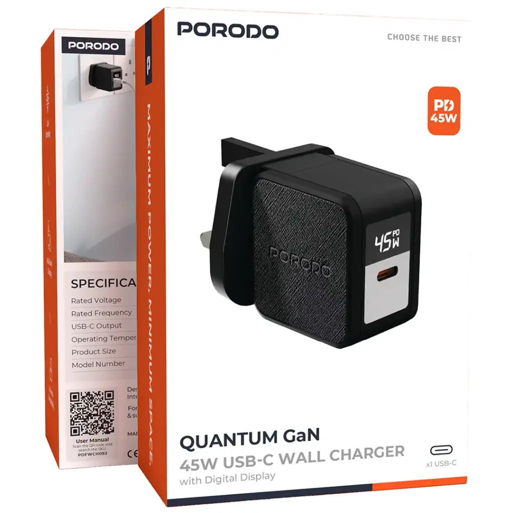 PORODO QUANTUM GAN 45W USB C WALL CHARGER WITH DIGITAL DISPLAY WITH C-C CABLE 1M BLACK PDFWCH093BKC thumbnail 3