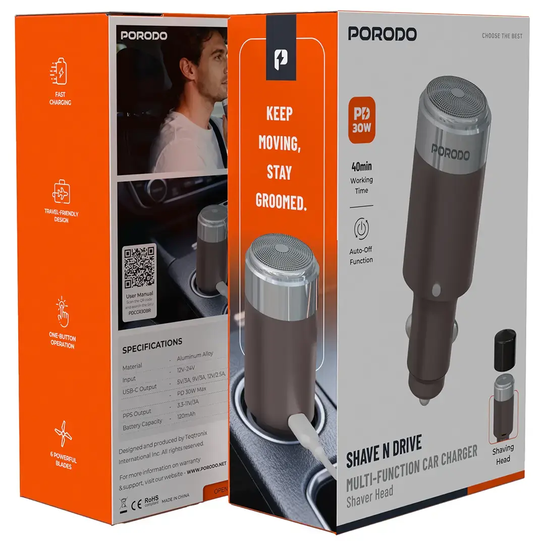 PORODO SHAVE N DRIVE MULTI FUNCTION CAR CHARGER SHAVER HEAD PD30W BROWN PDCCR30BR thumbnail 3