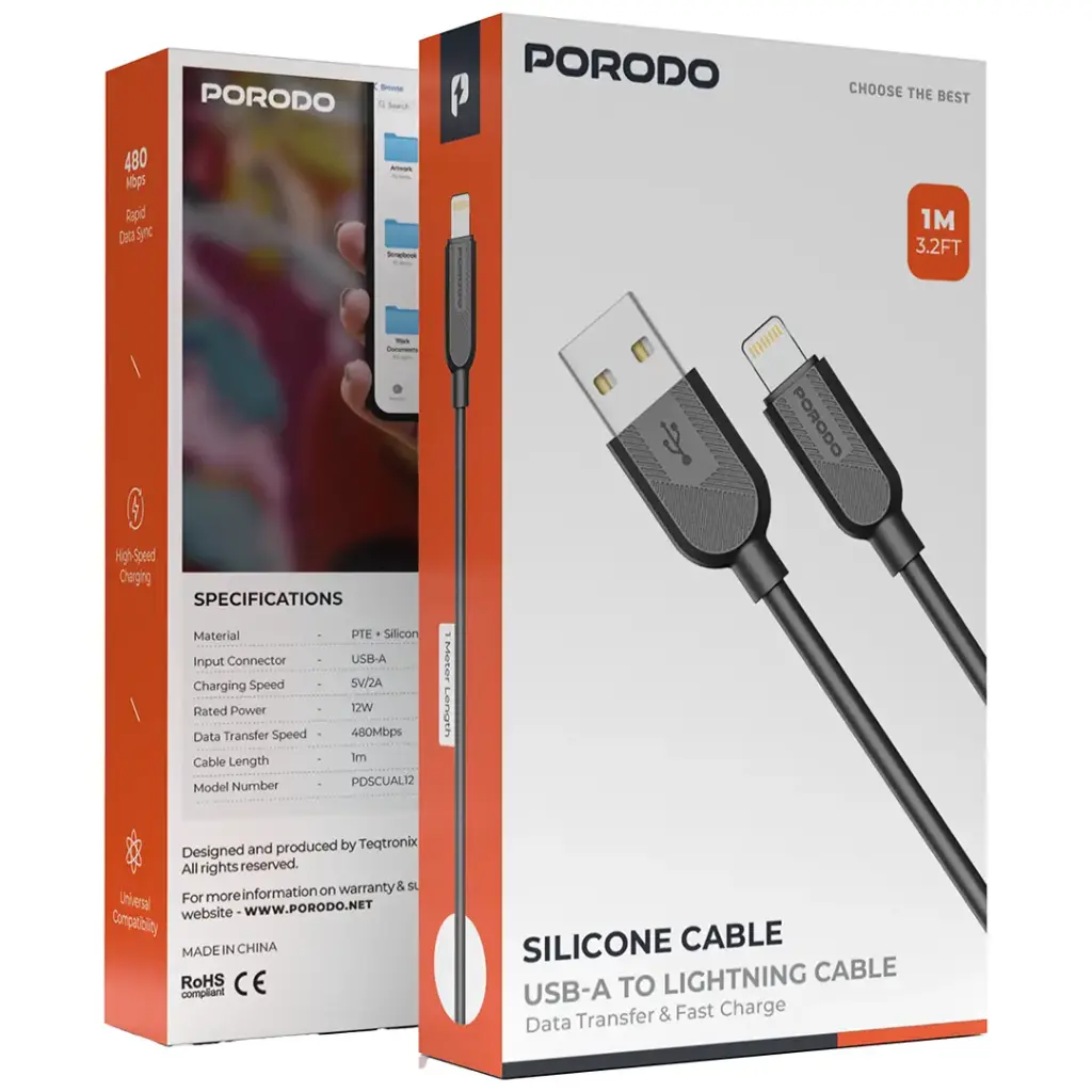 PORODO SILICONE CABLE USB A TO LIGHTNING CABLE 12W 1M BLACK PDSCUAL12BK thumbnail 2