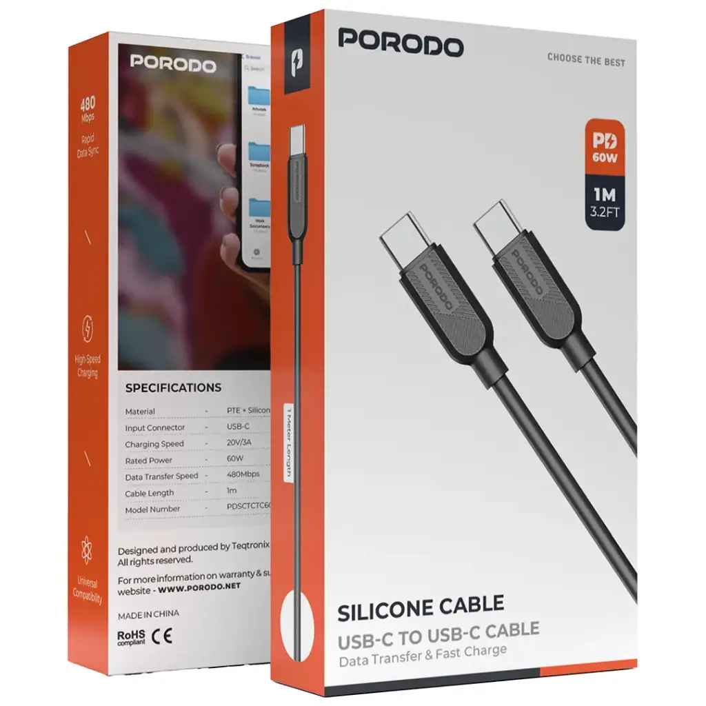 PORODO SILICONE CABLE USB C TO USB C CABLE 60W 1M BLACK PDSCTCTC60BK thumbnail 2