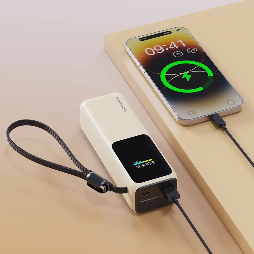 PORODO SMART DISPLAY 20000MAH POWER BANK BUILT IN TYPE C CABLE BEIGE PDPBFCH098BG thumbnail 3