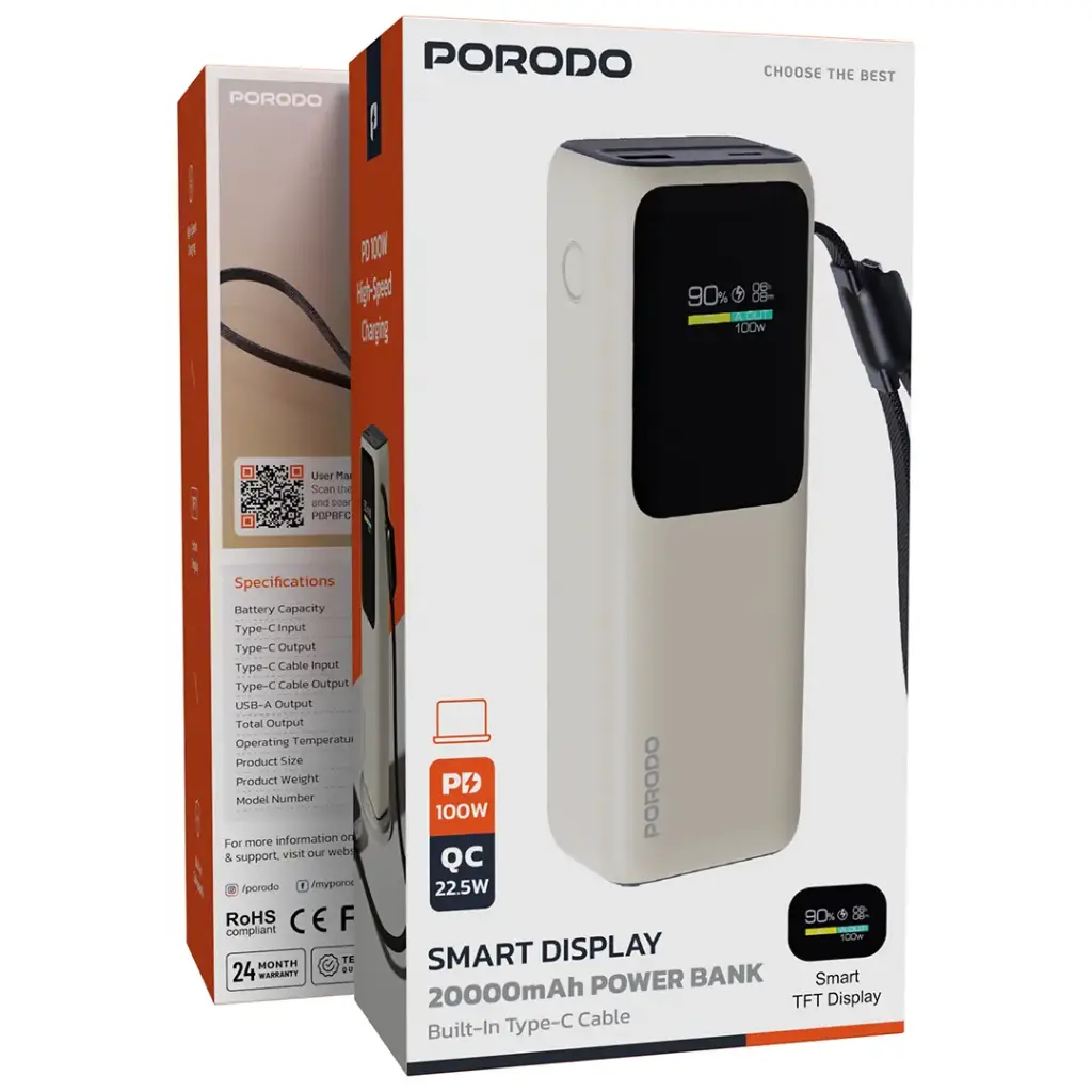 PORODO SMART DISPLAY 20000MAH POWER BANK BUILT IN TYPE C CABLE BEIGE PDPBFCH098BG thumbnail 4