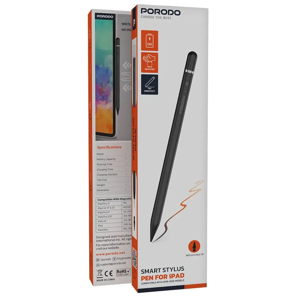 PORODO SMART STYLUS PEN FOR IPAD COMPITIBLE WITH 2018 TO 2025 MODELS BLACK PDSPP7CBK thumbnail 4