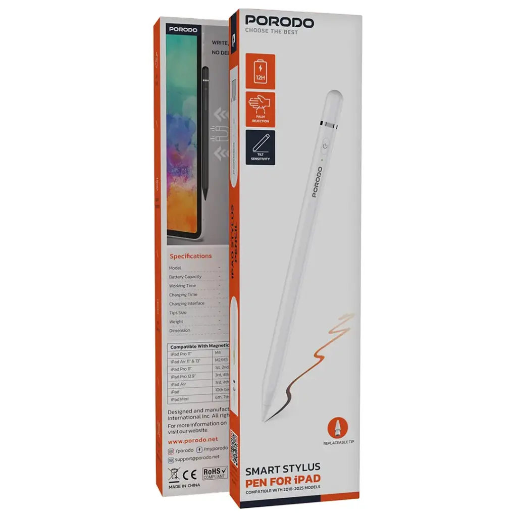 PORODO SMART STYLUS PEN FOR IPAD COMPITIBLE WITH 2018 TO 2025 MODELS WHITE PDSPP7CWH thumbnail 3