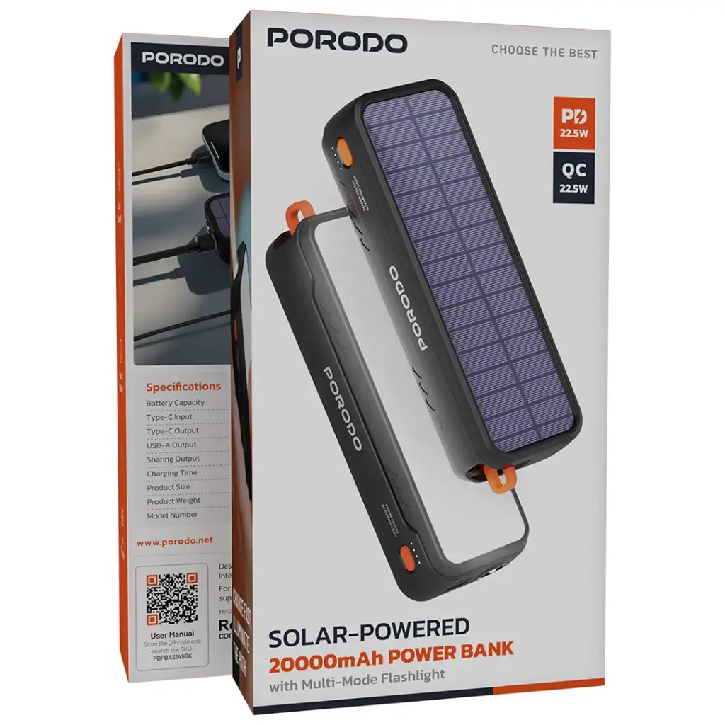 PORODO SOLAR POWERED 20000MAH POWERBANK BLACK PDPBAS149BK thumbnail 4