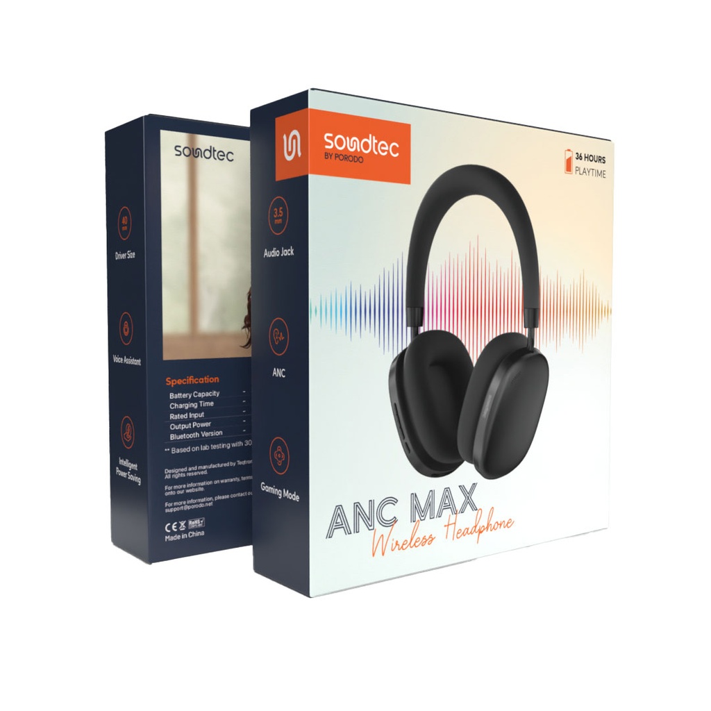 PORODO SOUNDTEC ANC MAX WIRELESS HEADPHONE BLACK PD-STWLEP023-BK thumbnail 3