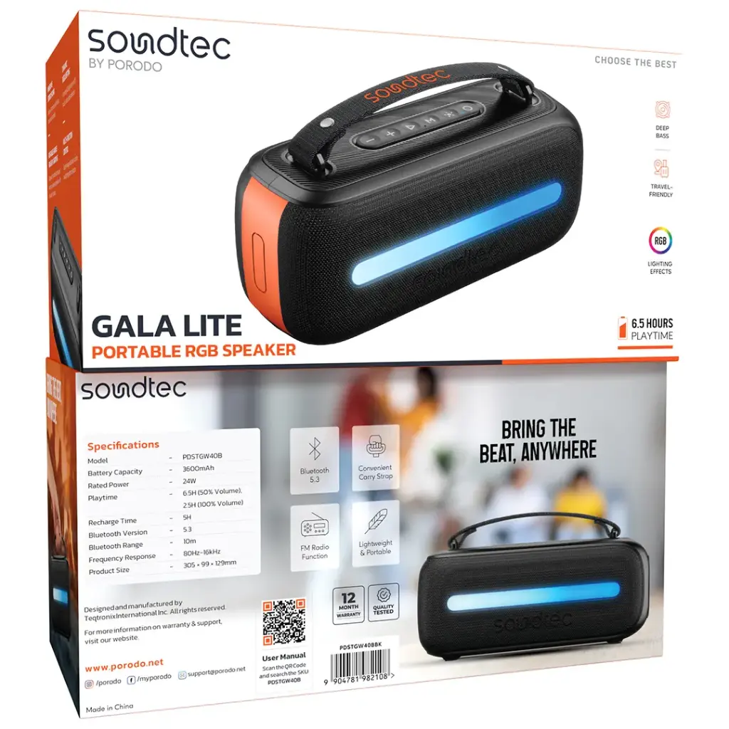 PORODO SOUNDTECH GALA LITE PORTABLE RGB SPEAKER BLACK PDSTGW40BBK thumbnail 4