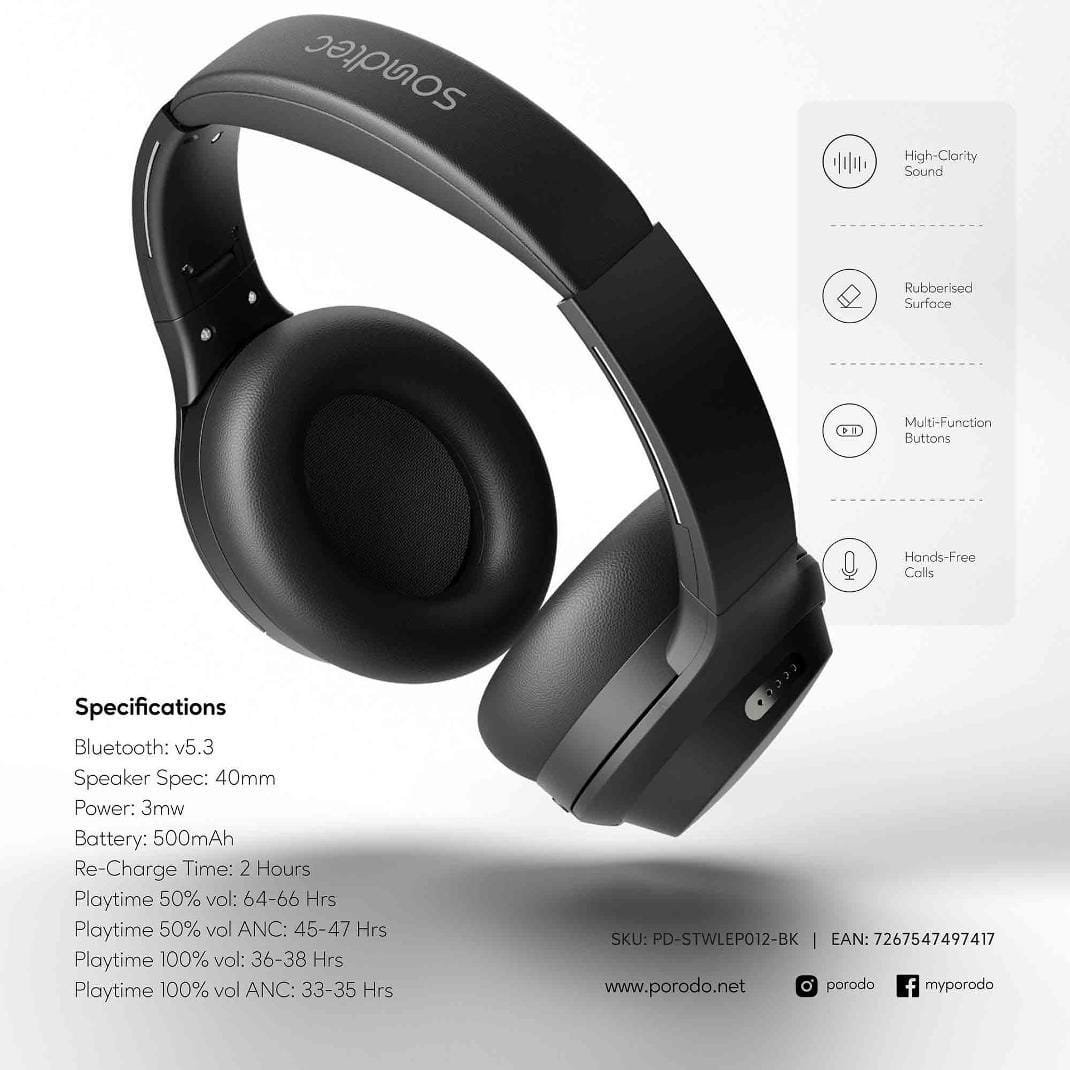 PORODO SOUNDTEC HUSH WIRELESS HEADPHONE BLACK PD-STWLEP012-BK thumbnail 3