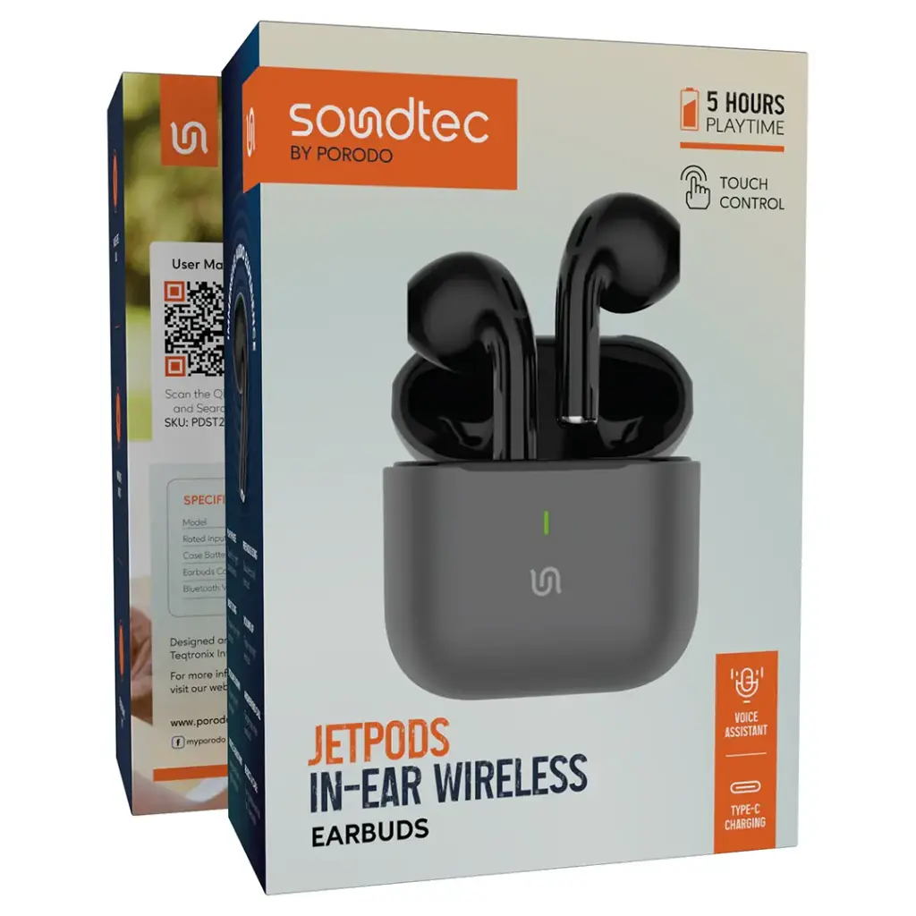 PORODO SOUNDTECH JETPODS IN EAR WIRELESS EARBUDS BLACK PDST2232ZK1 thumbnail 8