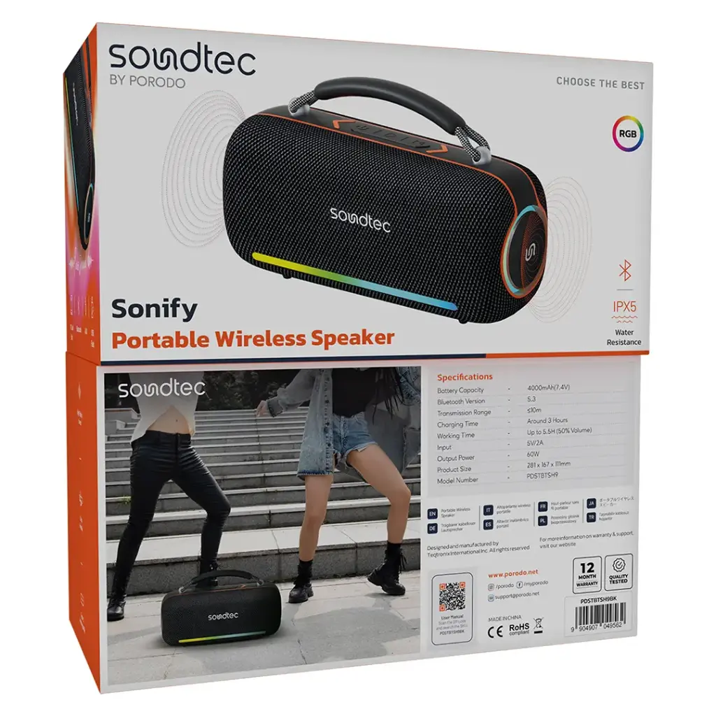 PORODO SOUNDTECH SONIFY PORTABLE WIRELESS SPEAKER BLACK PDSTBTSH9BK thumbnail 5