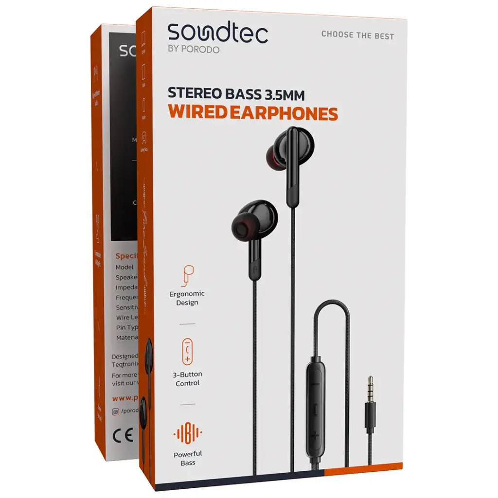 PORODO SOUNDTEC STEREO BASS 3.5MM WIRED EARPHONES BLACK PDWEC25BK thumbnail 2