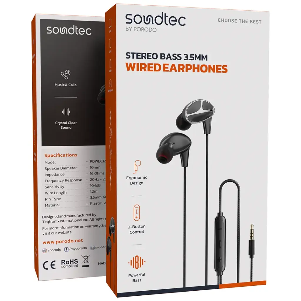 PORODO SOUNDTEC STEREO BASS 3.5MM WIRED EARPHONES BLACK PDWEC12BK thumbnail 2