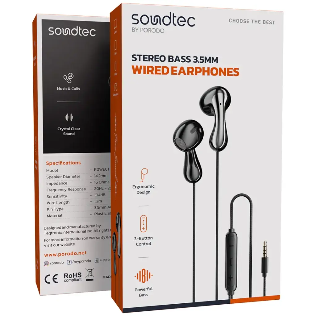 PORODO SOUNDTEC STEREO BASS 3.5MM WIRED EARPHONES BLACK PDWEC1BK thumbnail 2