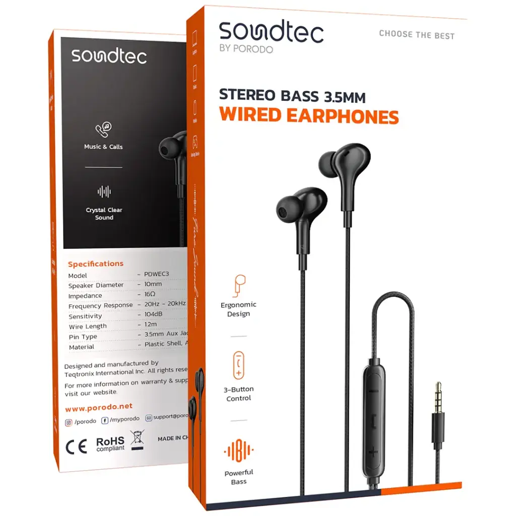 PORODO SOUNDTEC STEREO BASS 3.5MM WIRED EARPHONES BLACK PDWEC3BK thumbnail 2