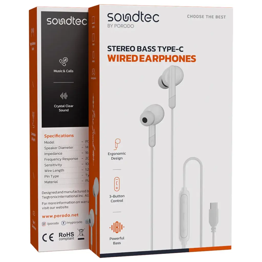 PORODO SOUNDTEC STEREO BASS TYPE C WIRED EARPHONES WHITE PD3BWEC25WH thumbnail 2