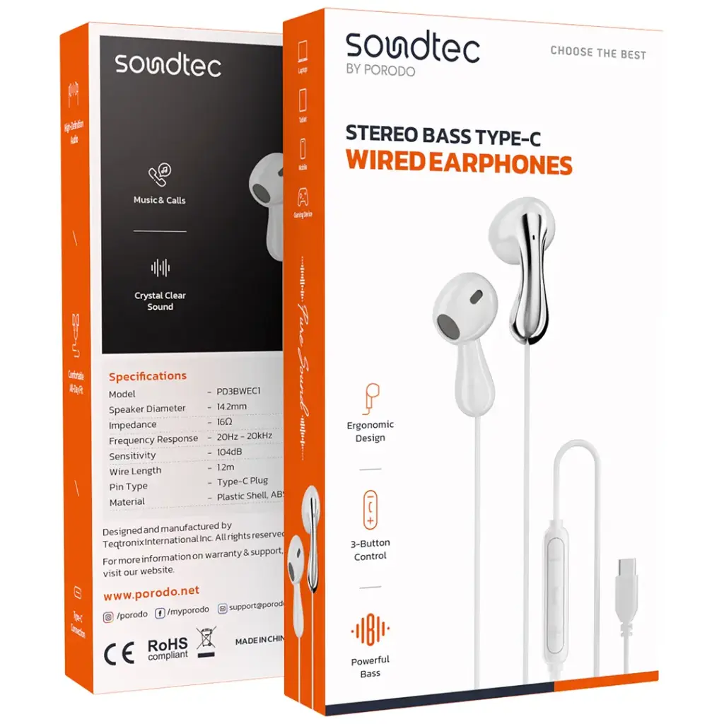 PORODO SOUNDTEC STEREO BASS TYPE C WIRED EARPHONES WHITE PD3BWEC1WH thumbnail 3