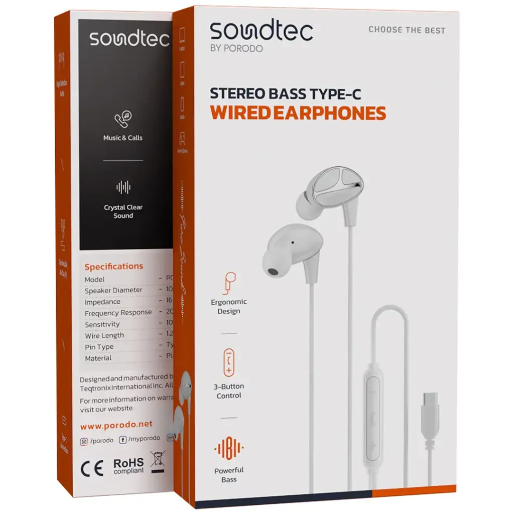 PORODO SOUNDTEC STEREO BASS TYPE C WIRED EARPHONES WHITE PD3BWEC12WH thumbnail 3