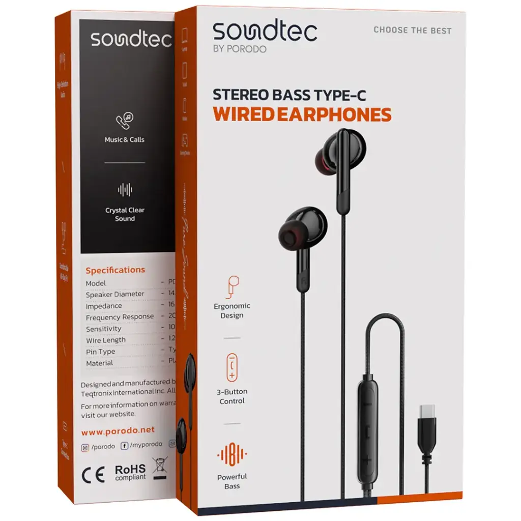 PORODO SOUNDTEC STEREO BASS TYPE C WIRED EARPHONES BLACK PD3BWEC25BK thumbnail 2
