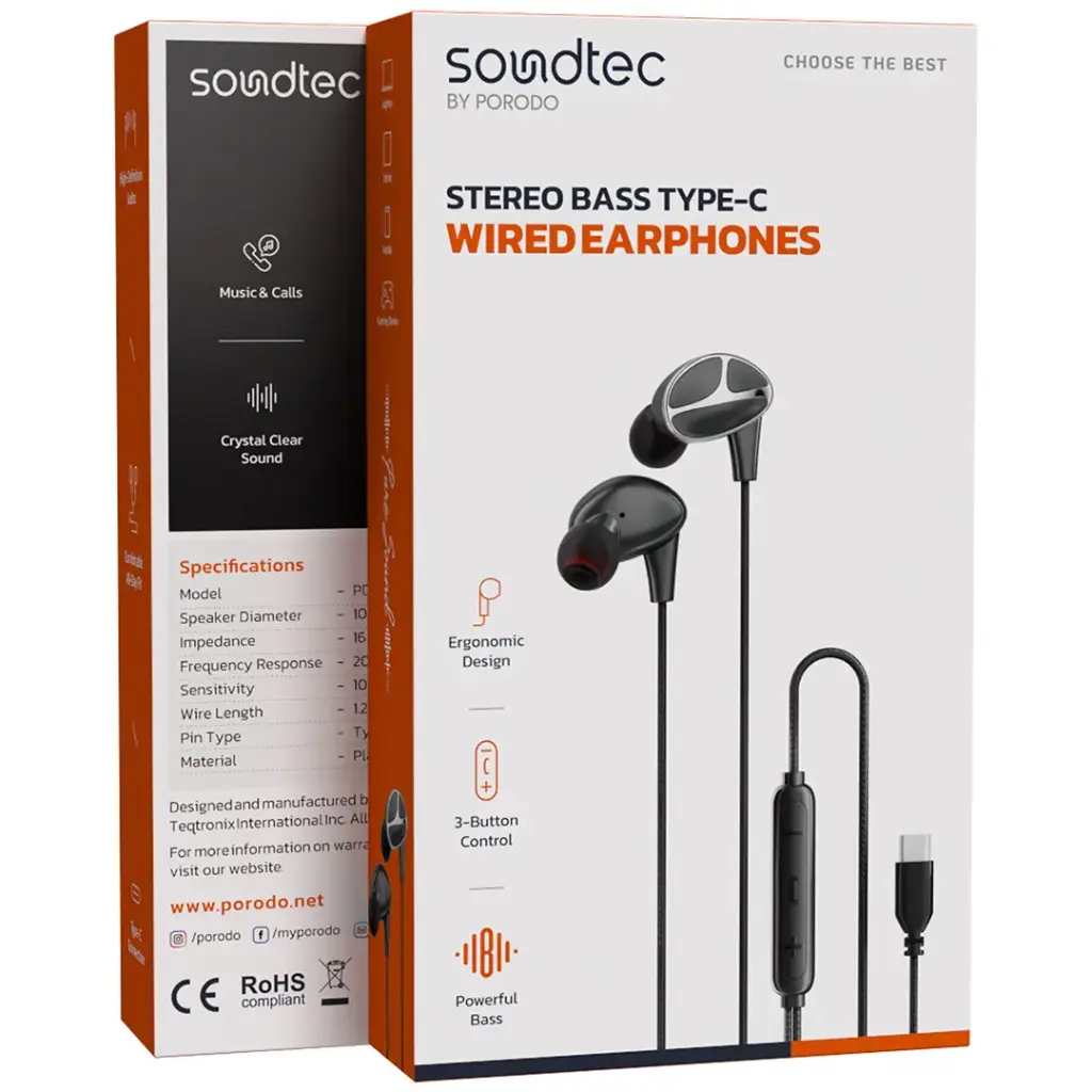PORODO SOUNDTEC STEREO BASS TYPE C WIRED EARPHONES BLACK PD3BWEC12BK thumbnail 2