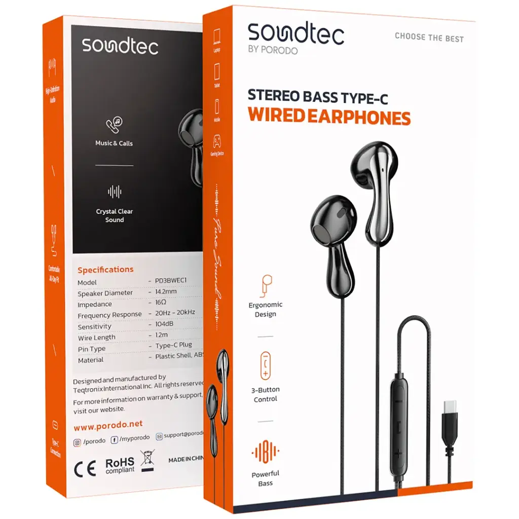 PORODO SOUNDTEC STEREO BASS TYPE C WIRED EARPHONES BLACK PD3BWEC1BK thumbnail 2