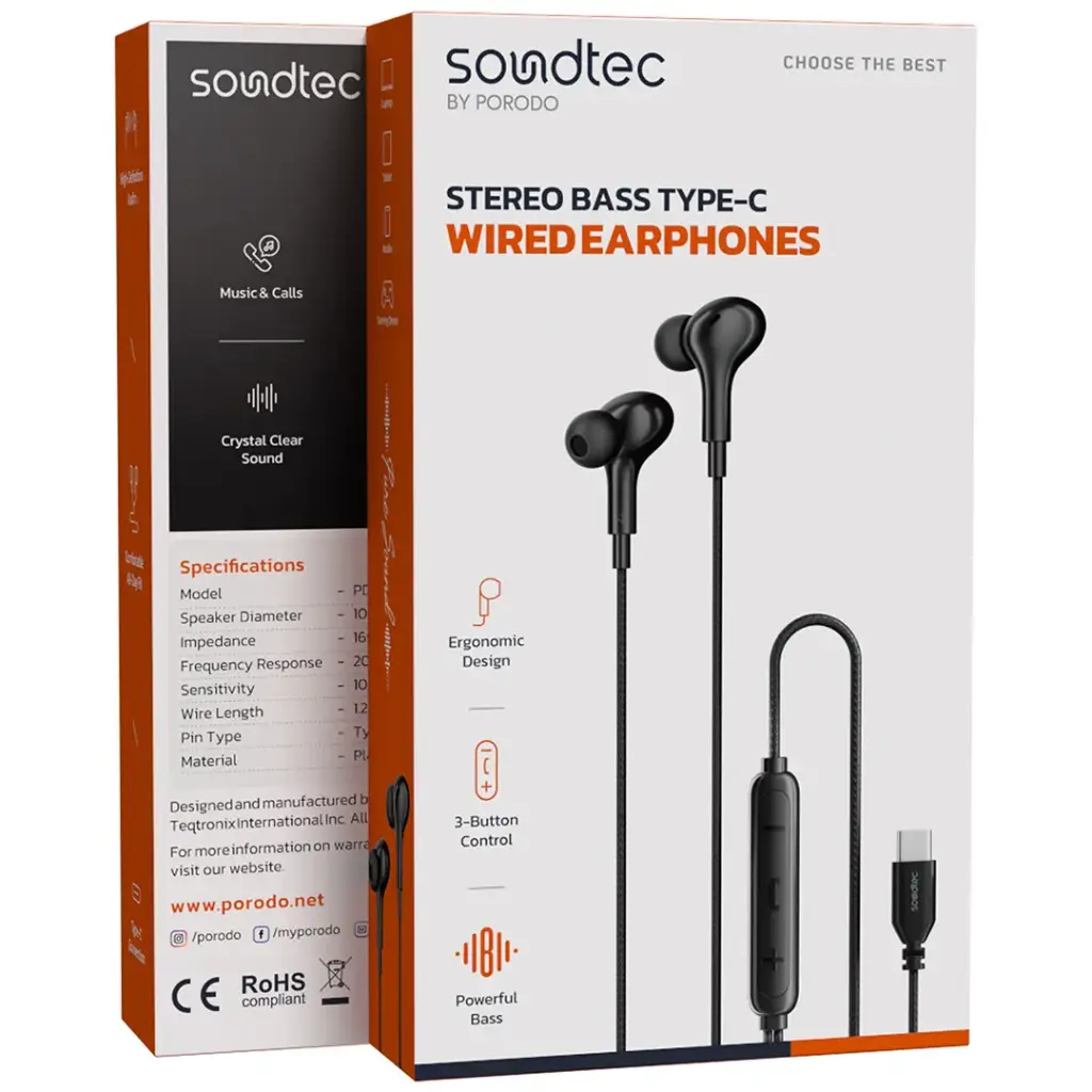 PORODO SOUNDTEC STEREO BASS TYPE C WIRED EARPHONES BLACK PD3BWEC3BK thumbnail 2