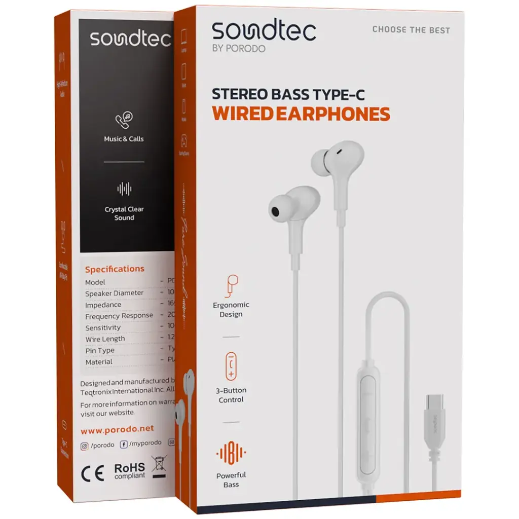 PORODO SOUNDTEC STEREO BASS TYPE C WIRED EARPHONES WHITE PD3BWEC3WH thumbnail 2