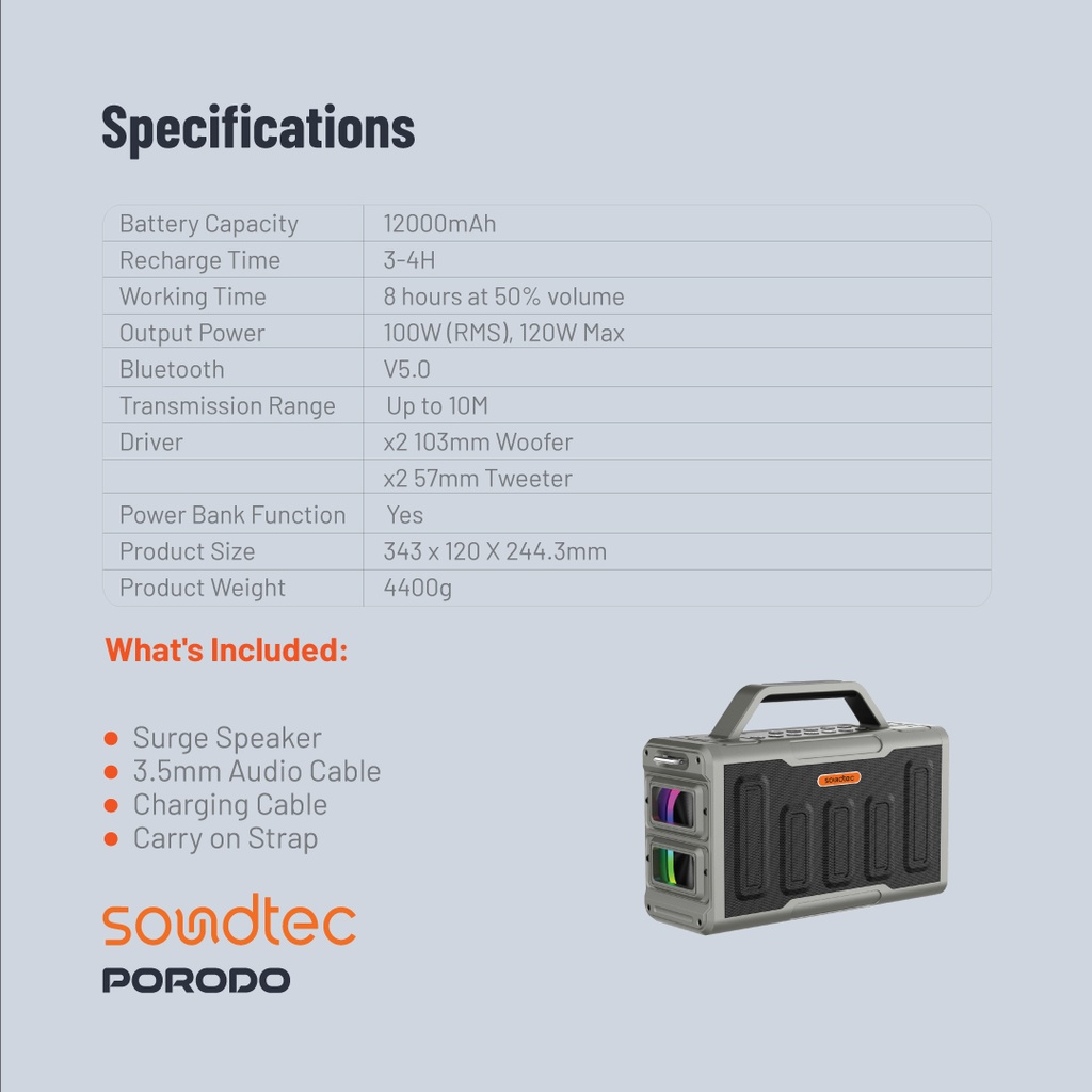 PORODO SOUNDTEC SURGE 2.2 CHANNEL PARTY BLACK SPEAKER PD-STPS100-BK thumbnail 3