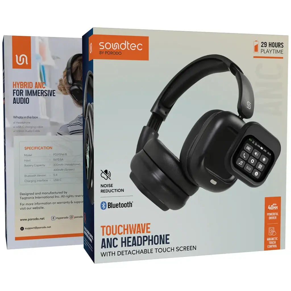 PORODO SOUNDTEC TOUCH WAVE ANC HEADPHONE WITH DETACHABLE TOUCH SCREEN BLACK PDJYBN618BK thumbnail 5